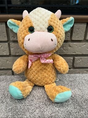 Kellytoy Tan 15” Plush Cow with Mint Accents and Pink Bow